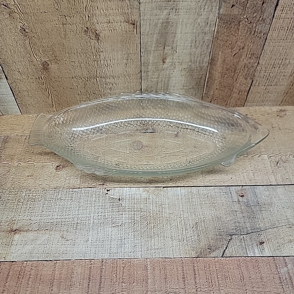 VINTAGE GLASBAKE #4141 'FISH PLATTER' CLEAR GLASS 18" PLATTER USA MINT OVENPROOF